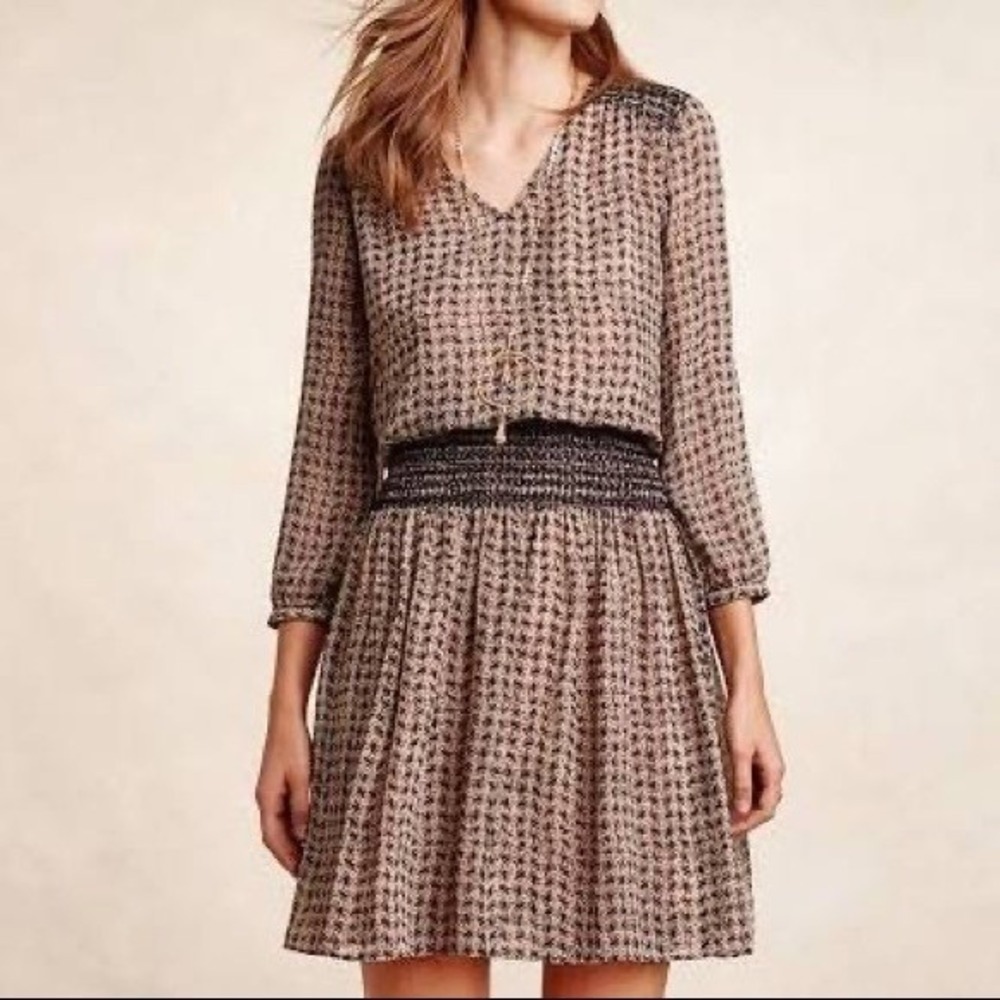 Vanessa Virginia Womens Dress Lrg Blk Brn Smocked Houndstooth Boho Dark Academia